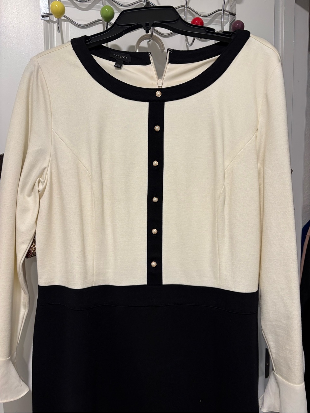 Talbots Cream and Black Long Sleeve Sheath Dress with Pearl Buttons
